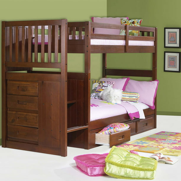 American Furniture Classics Model 2814, Merlot Twin Over Full Mission Staircase Bunk Bed With 3 Drawers