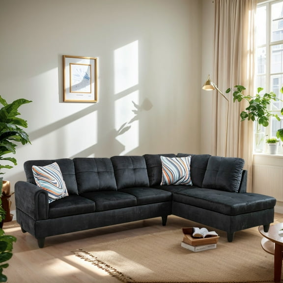 Hommoo Flannel Sectional Sofa Model Set, L-Shaped Living Room Furniture Set, Modern 4-Seat Couches and Sofaes, Black(No Ottomans)