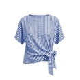 thumbnail image 4 of Women's Gingham Cotton Tops Summer Oversized Crew Neck Bow Tie Waist Blouse Fashion Casual Short Sleeve Daily Wear Shirt Blue, 4 of 5