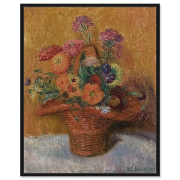 Red Basket Of Zinnias Canvas Vintage Farmhouse Wall Art by Art Remedy, Black Frame, 16" x 20"