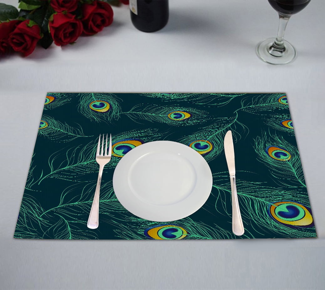 ABPHQTO Blue Green Peacock Feathers Placemat 12x18 Inch,Set of 2 Table