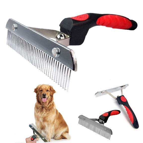 Dog grooming brush for large dogs with undercoat, professional pet rake comb for long hair breeds like golden retriever husky german shepherd, stainless steel teeth with ergonomic slip handle, black