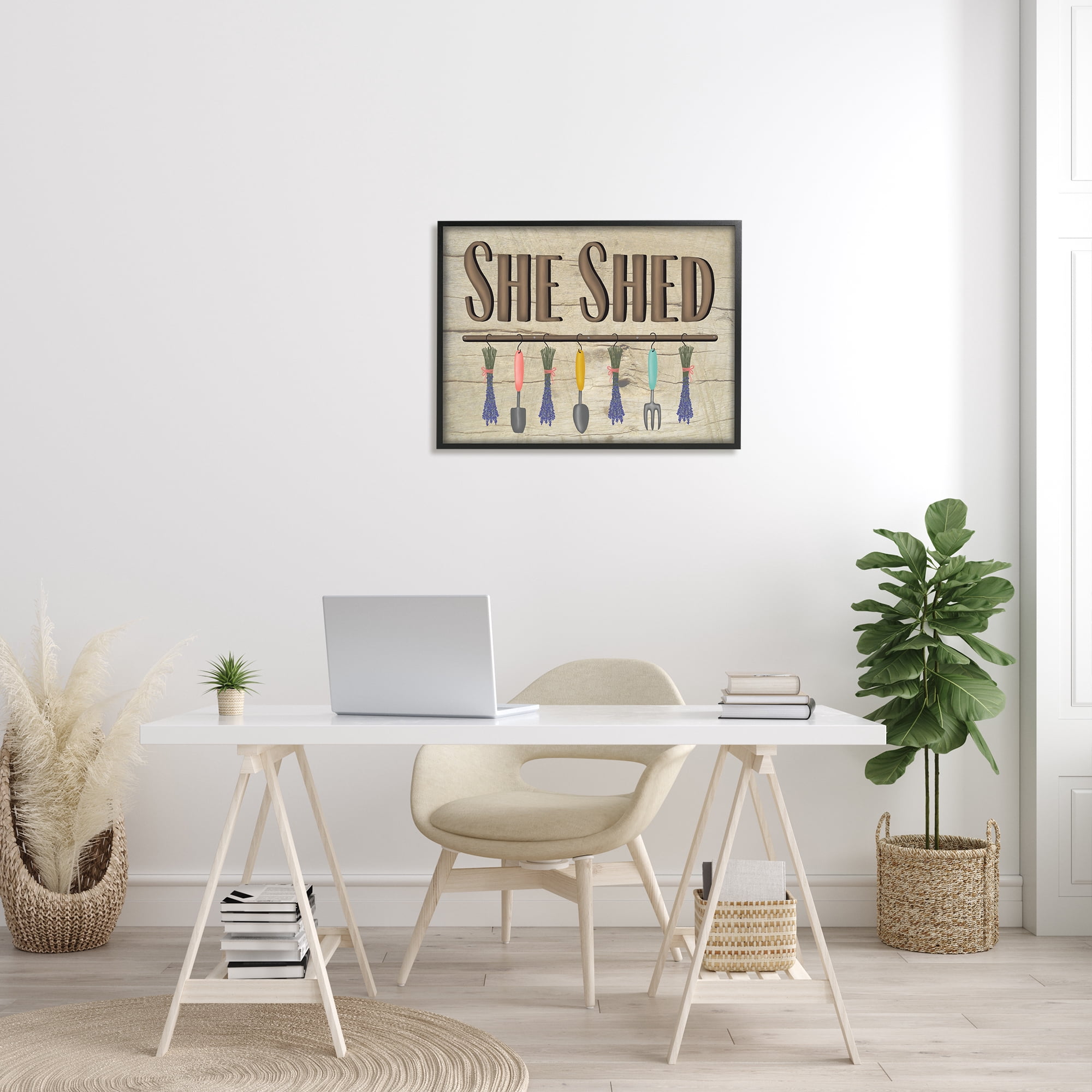 Stupell Industries Rustic She Shed Phrase Lavender Bunches Garden Tools Country Painting Black framed Art Print Wall Art, 24 x 30, Design by Darlene Seale