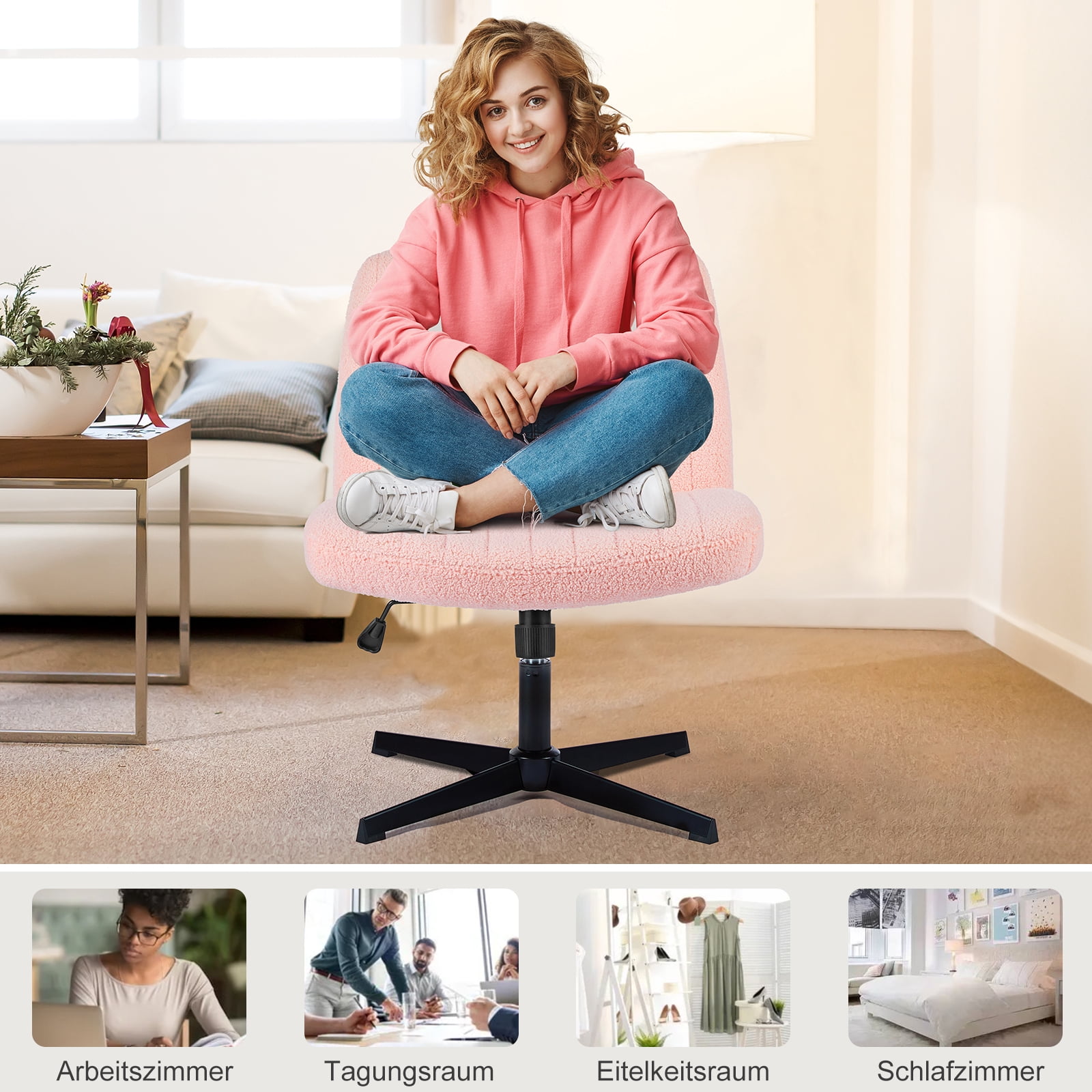 Armless Criss Cross Legged Office Chair, Desk Chair No Wheels, Teddy Fabric, Pink