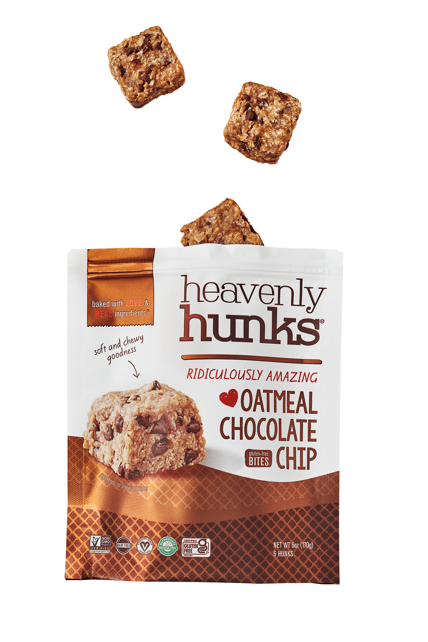 (6 pack) E & C's Snacks Heavenly Hunks, Gluten-Free, Vegan Baked Oatmeal Chocolate Chip Cookie, 6 oz, 6 Count