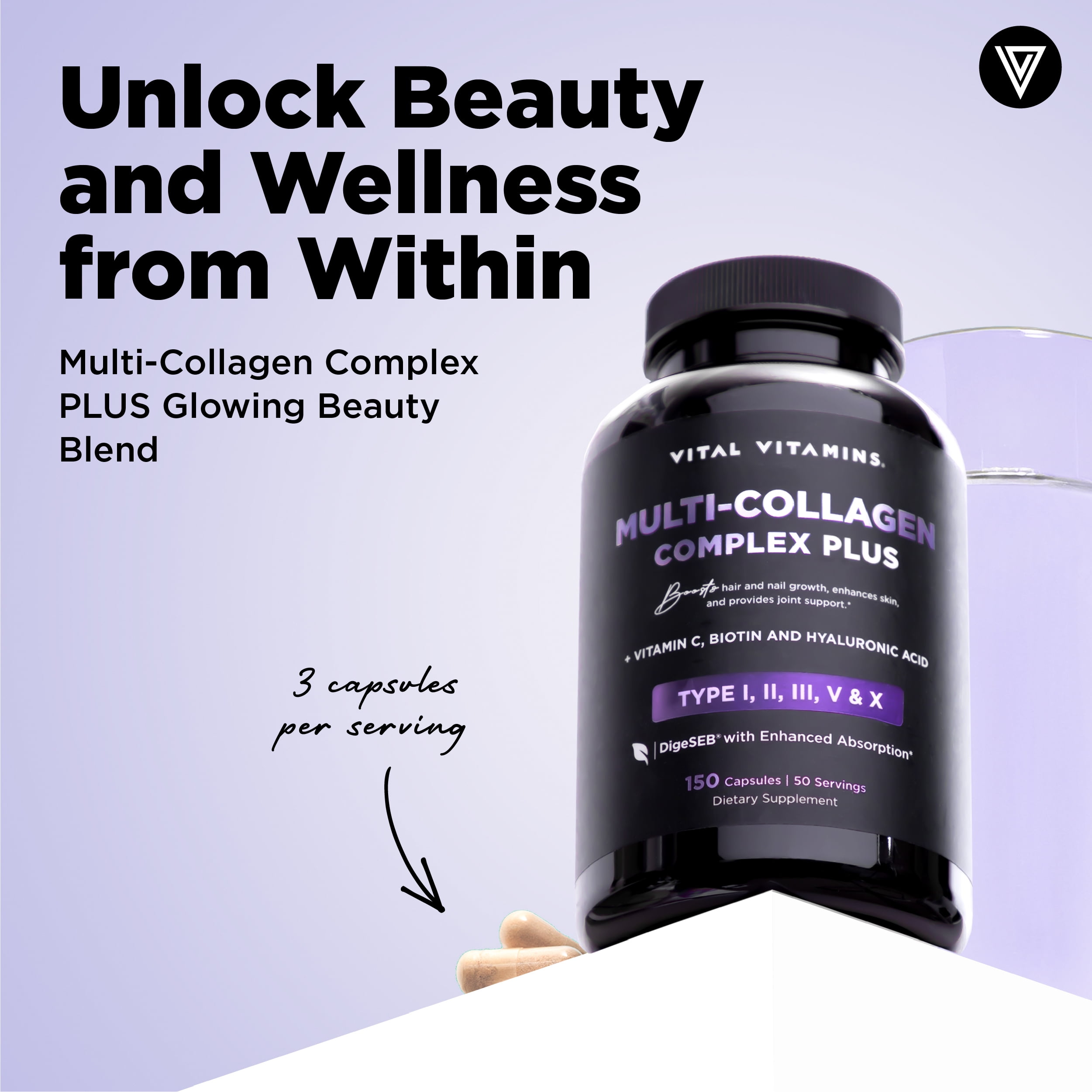 Vital Vitamins Multi Collagen Complex Plus - Biotin, HA, Vit C - Hair, Skin, Nails, Joints - 150 Count