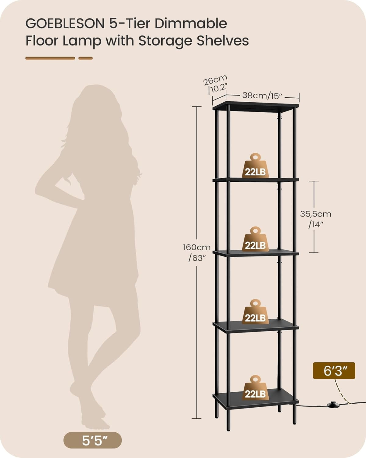 GOEBLESON 5-Tier Corner Floor Lamp with Shelves, Dimmable LED Bookshelf Light for Living Room, Remote & Foot Control, 3CCT Timer, Black