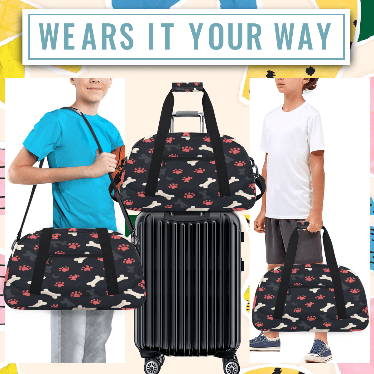 Herdesigns Paw Print Dog Sports Duffle Bag for Women & Men, Gym Bag Dance Bag Overnight Bag Carry On Weekender Travel Bag