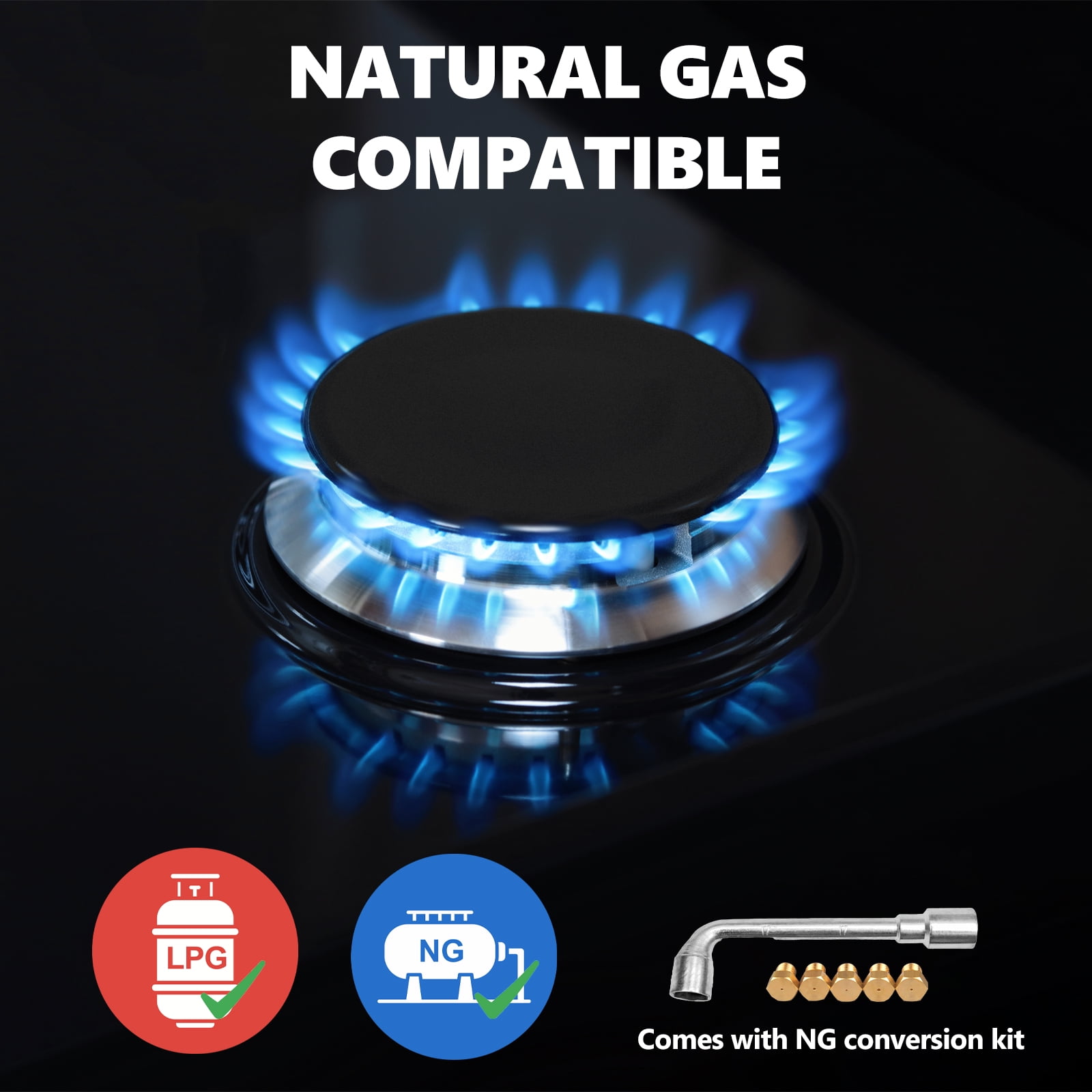 Nardea 30" Built in Gas Cooktop, 5 Burner Gas Cooktop for NG/LPG Dual Fuel Convertible, Propane Gas Stove Burner with Thermocouple Protection,Black Tempered Glass, 35900BTU