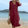 thumbnail image 5 of SAWOBUUN Womens Summer Cotton Midi Dress Casual V Neck 3/4 Sleeve Hollow out Sundress Lightweight Breathable Beach Dress, 5 of 9