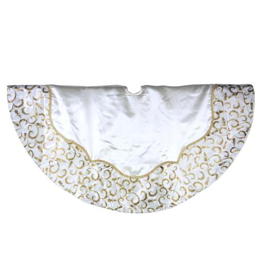 Sterling 48" White Satin Tree Skirt With Gold Print Border & Iridescent