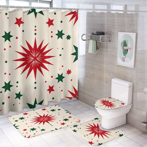 Christmas Style Printing Shower Curtain Set Modern Bathroom Decor Mats 4pcs Fabric Bathroom Curtain Slip Floor Rug Toilet Lid