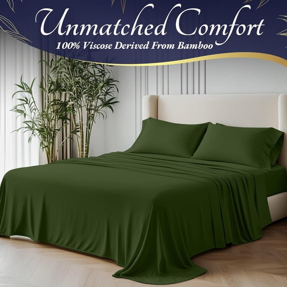 Viscose Derived from Bamboo Sheets Queen Size 4pcs - Ultra Soft & Luxuriously Cooling, 17" Deep Pocket, Double Stitching, Perfect for Hot Sleepers - Queen Bed Sheets (Olive)