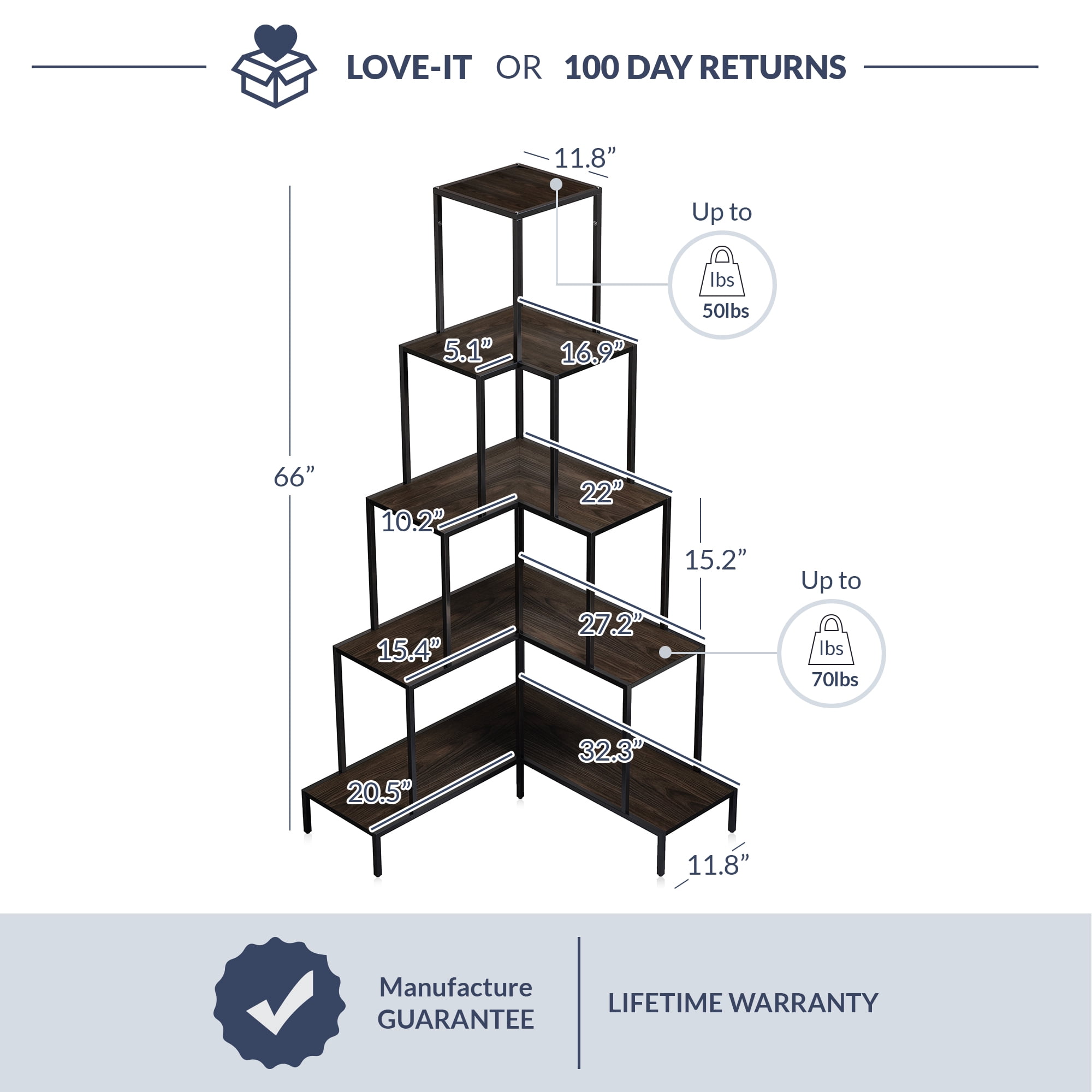 BELLEZE 5-Tier Corner Bookshelf with RGB Light, Remote Control Multiple Lighting Modes and Colors, 66" Tall L-Shaped Bookcase, Storage & Display Rack for Living Room, Courtyard and Home Office - Gray