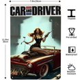 thumbnail image 3 of Letrero de hojalata de 8 x 12 pulgadas para coche y conductor, diseño retro de mujer de garaje, decoración de pared de metal para el hogar, habitación, bar, tienda., 3 of 8
