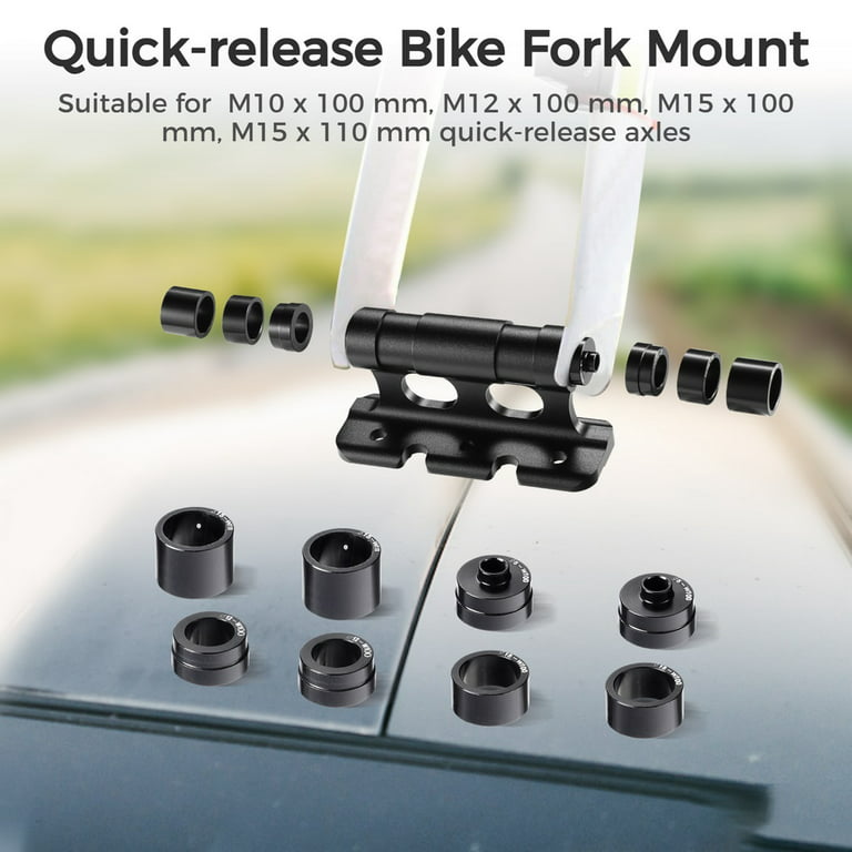 2 Sets Bike Block Fork Mount, with Thru-Axle Adapters(15x110mm, 15x100mm, 12x100mm, 5x100mm), Quick Release Bike Rack for Truck Bed/Trailer/Van