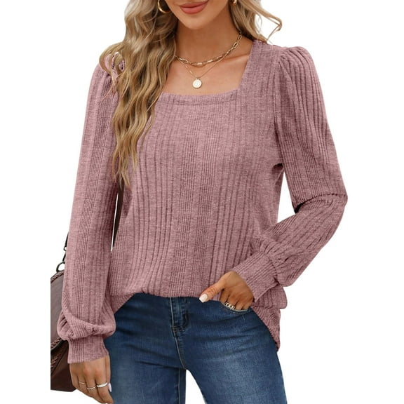 Tunic Shirts for Women Loose Fit Long Sleeve Shirts Square Neck Shirts Pink XXL