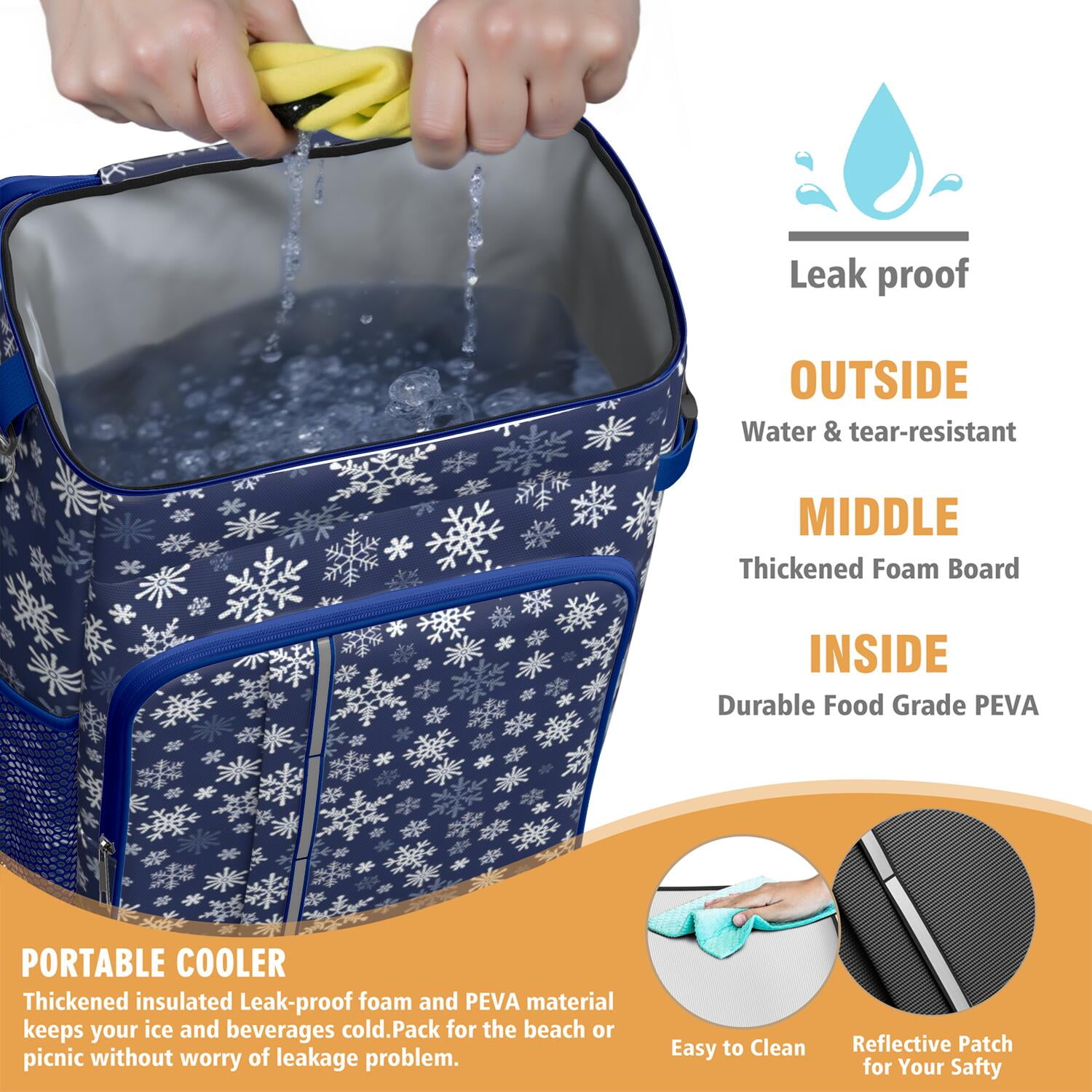 Travel Cooler Bag - Dark Blue Christmas Snowflake Pattern Camping Beer Cooler Backpack with Bottle Opener- Waterproof Insulated Picnic Backpacks - Cooler Bag for Beach