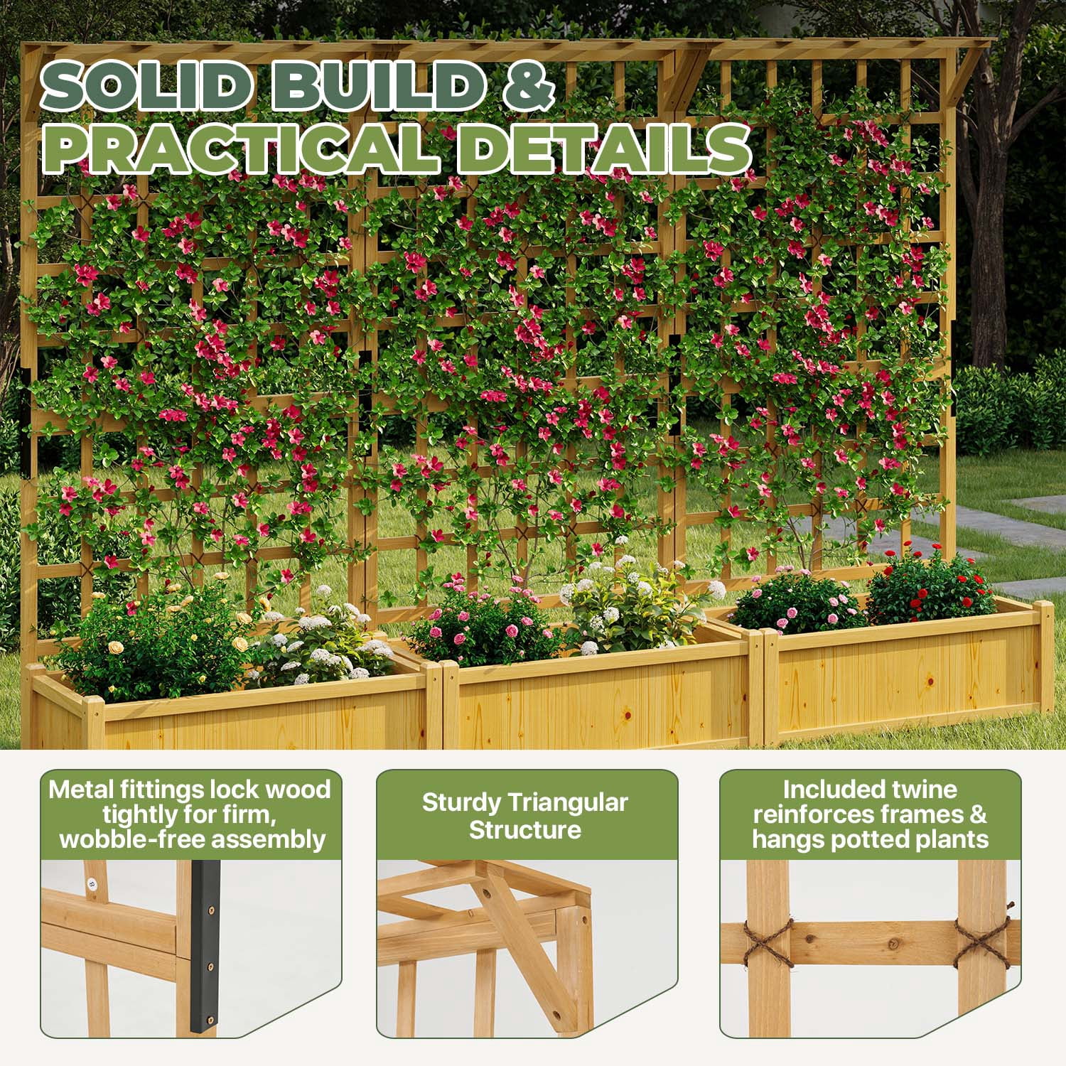 BaPiPro Yellow-Brown Tall Wood Planter Box with Trellis - 36" Raised Garden Bed with Hanging Roof, Outdoor Elevated Planter for Climbing Plants, Flowers - 3-Pack for Patio, Balcony