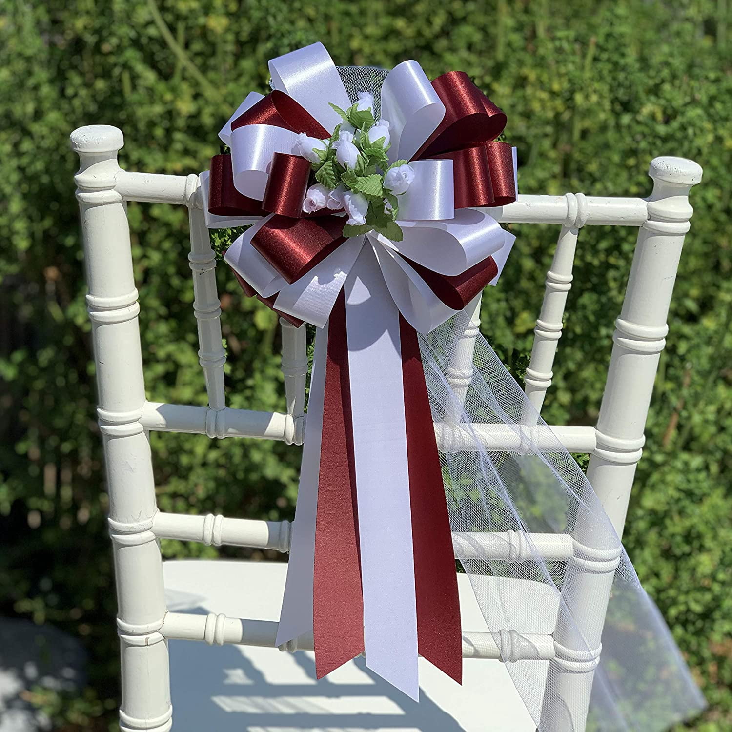 Burgundy and White Wedding Pull Bows with Tulle Tails and Rosebuds - 8" Wide, Set of 6, Pew Bows, Anniversary, Reception, Birthday, Christmas, Valentine's Day