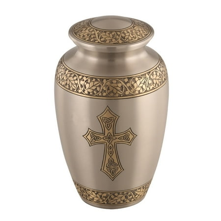 Antique Gold Urn - Blessings of Christ Platinum & Gold Cross Urn - Platinum Elegance Trinity Cross Urn - Religious Cremation Urn - Handcrafted Adult Religious Funeral Urn - Large Urn Deal