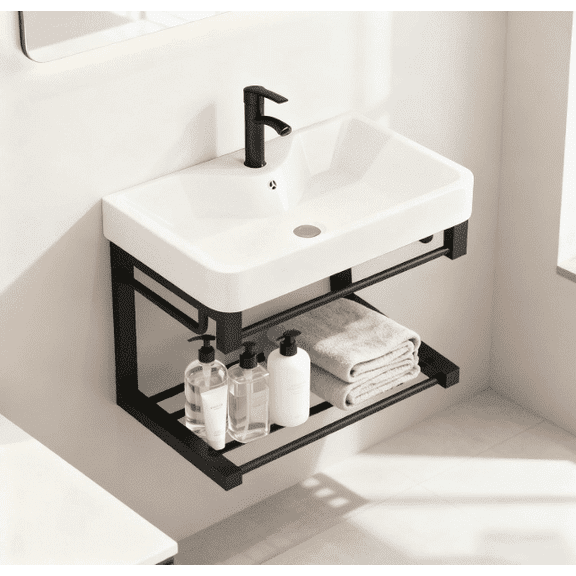 Hiliveshome 17" Wall-Mounted Bathroom Vanity with Ceramic Sink & Open Shelf, Black