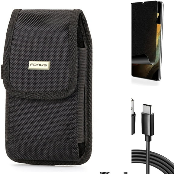 6ft USB Cable & Case Belt Clip & Privacy Screen Protector for Samsung Galaxy S21 Ultra Phone - Type-C Charger Cord & Rugged Holster & TPU Film Fingerprint Works Accessory Bundle