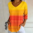 thumbnail image 5 of Uootdi 3/4 Sleeve Blouses Women V Neck Horizontal Stripe Gradient 3/4 Sleeve Curved Hem Relaxed Fit Tees Coastal Stroll Moisture Release Casual Shirts Women, 5 of 7