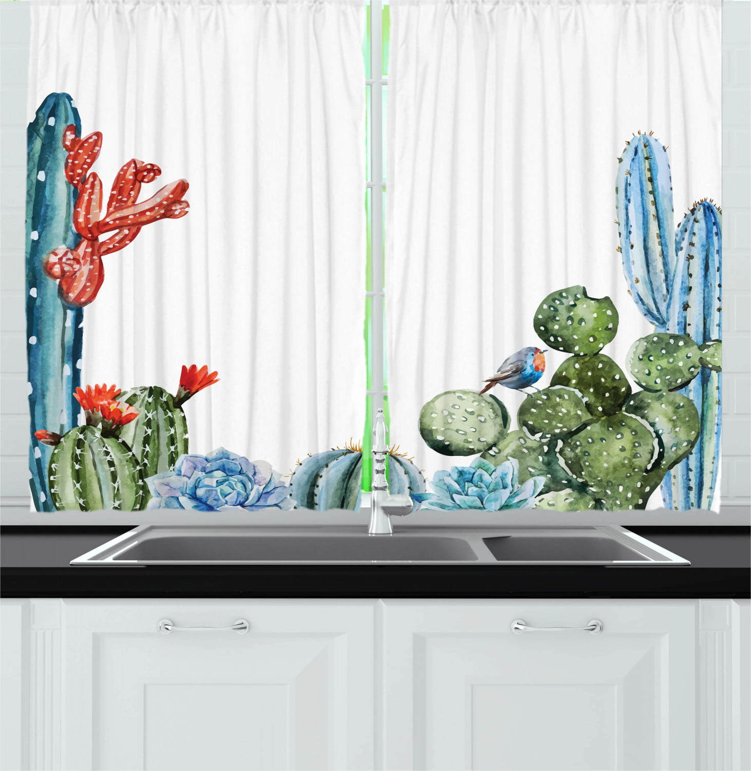 Cactus and Flower on Black Kitchen Curtain Window Drapes 2 Panel Set 55"x39" 