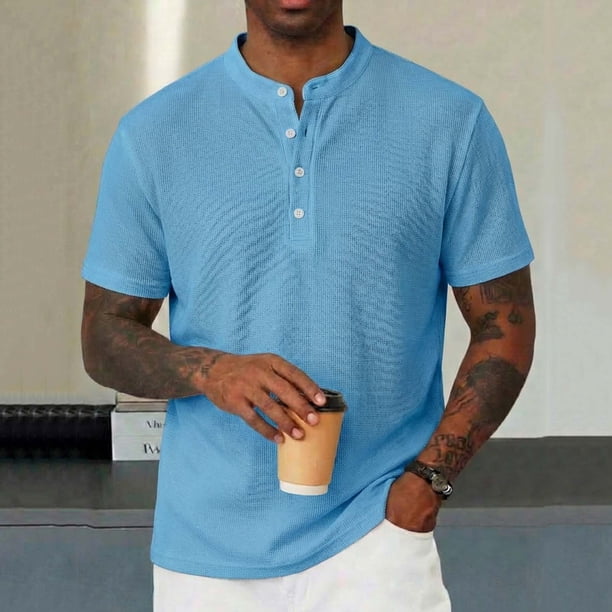 Ceisia Men's Relaxed Fit Short Sleeve Stand Collar Henley Shirt Waffle Knit Solid Color Casual Top Sky Blue M Gifts