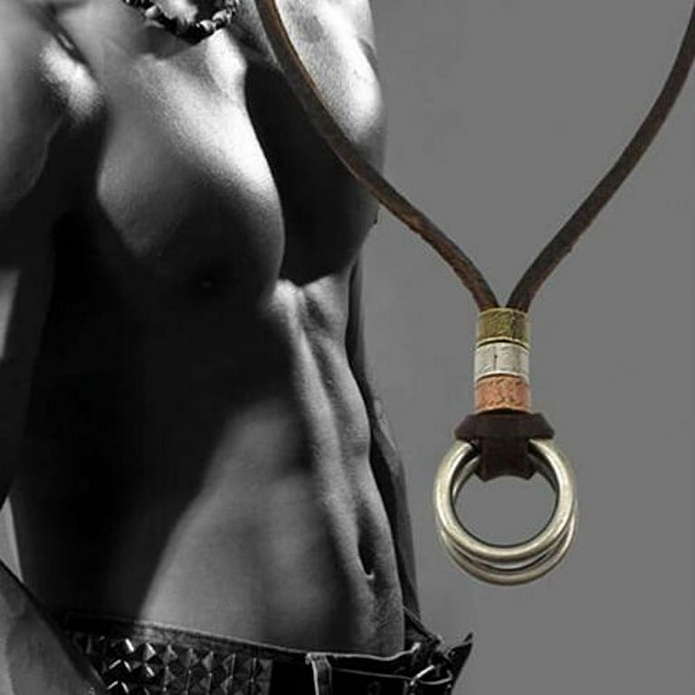 AYYUFE Men Leather Cord Double Circle Ring Pendant Necklace AYYUFE Men Leather Cord Double Circle Ring Pendant Necklace