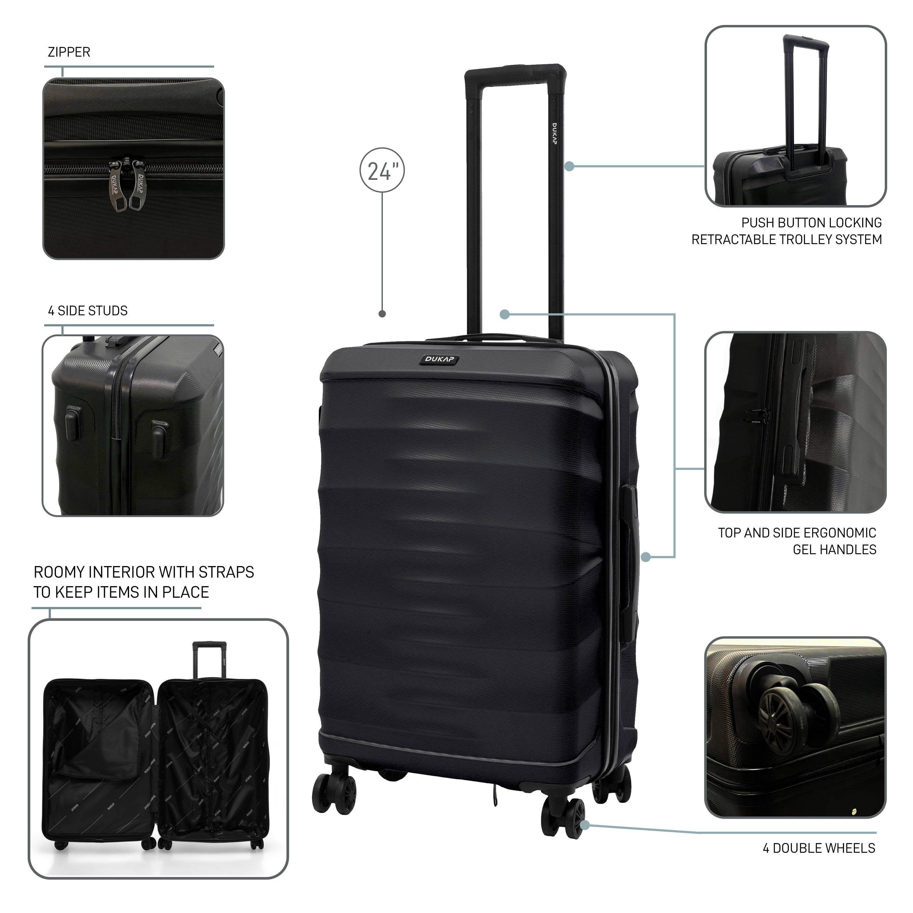 DUKAP RAV 24" Hardside Luggage with Spinner Wheels, Handle and Trolley, Black