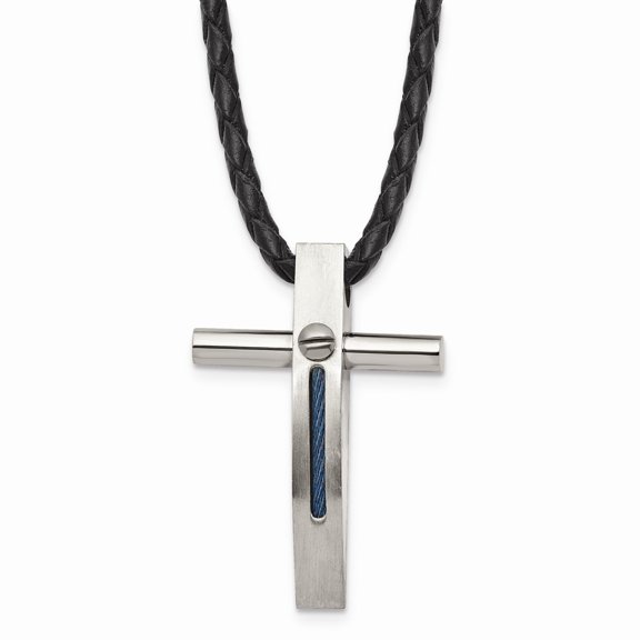 Stainless Steel Brushed & Polished Blue IP Cable Cross 18in Leather Necklac; for Adults and Teens; for Women and Men