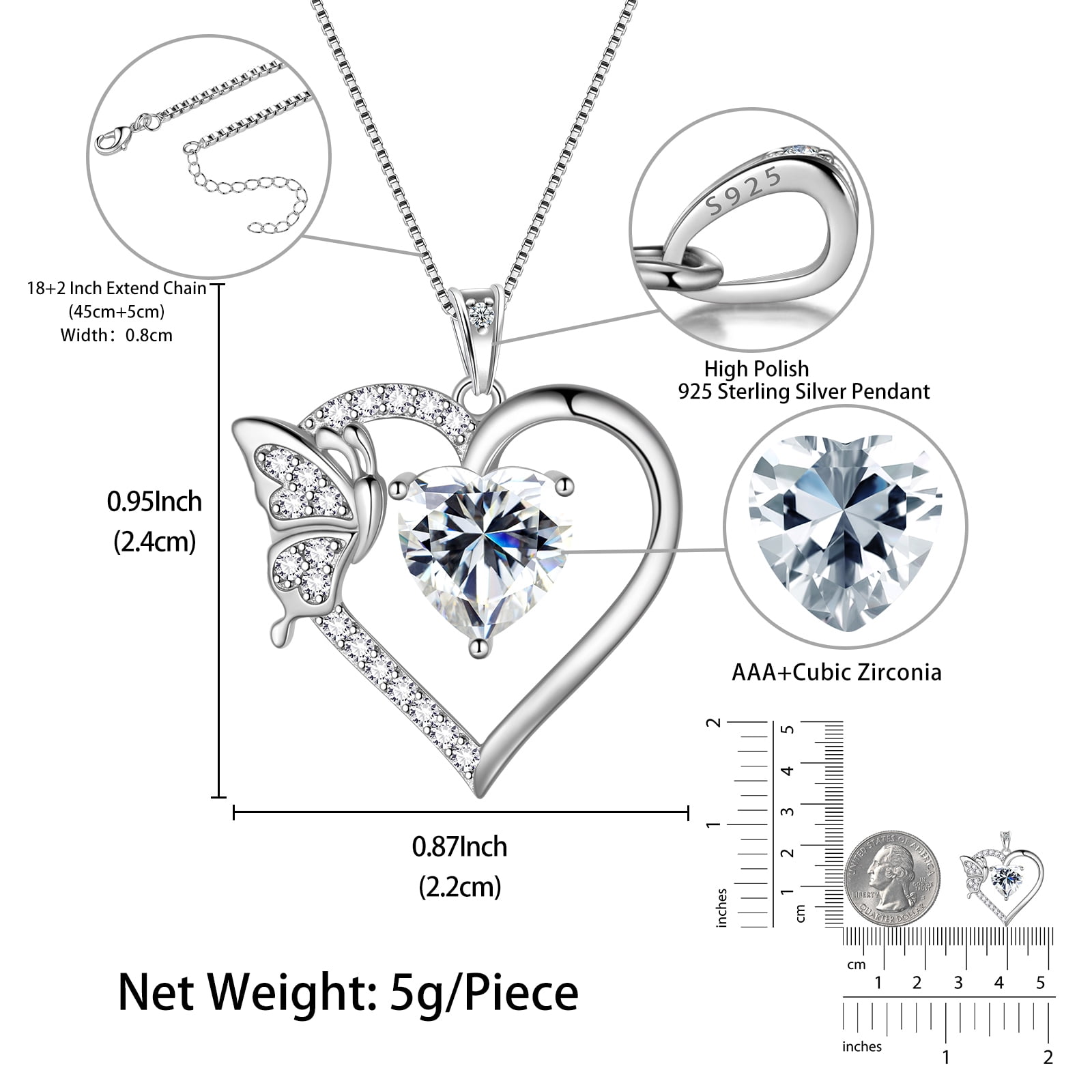White Heart Necklace Butterfly April Birthstone Necklace Diamond Crystal 925 Sterling Silver Pendant Jewelry Women Birthday Valentine's Day Gift