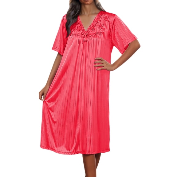 GPOECD Pajama Dress Women Ice Silk Nightgown Short Sleeved Loose Pajamas Embroidered Home Wear Womens Sleepwear 03_Red,One Size