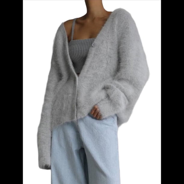 Cárdigan de Mujer, Suéter de Larga, Cárdigan con Botones y Cuello en V, Prenda de Punto de Moda. Gris S