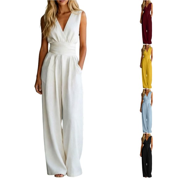 Women's Sleeveless V-Neck High Waist Wide Leg Jumpsuit with Pockets