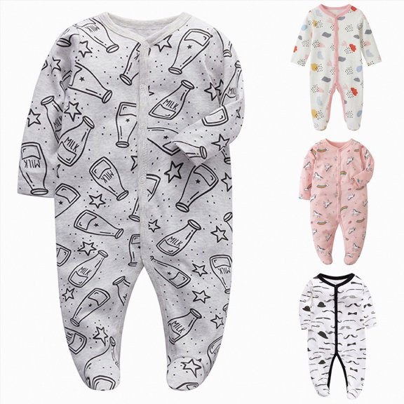 Newborn Baby Bodysuit for 9-12 Months Baby Boys Girls Jumpsuit Cute Footed Long Sleeve Button Bodysuit Soft Cozy Outfits White