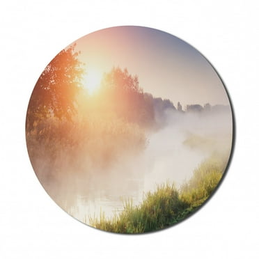 Nature Mouse Pad for Computers, Beaming Sun Rays Through Foggy Mountainside with Grass Trees Sunshine Sunrise Leaves, Round Non-Slip Thick Rubber Modern Mousepad, 8" Round, Multicolor, by Ambesonne