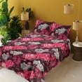 thumbnail image 2 of Ambesonne Flowers Fitted & Flat Sheet with Shams 4 Pcs Set, Gerbera Roses Composition, Calking, Pink Dark Maroon and Grey, 2 of 5