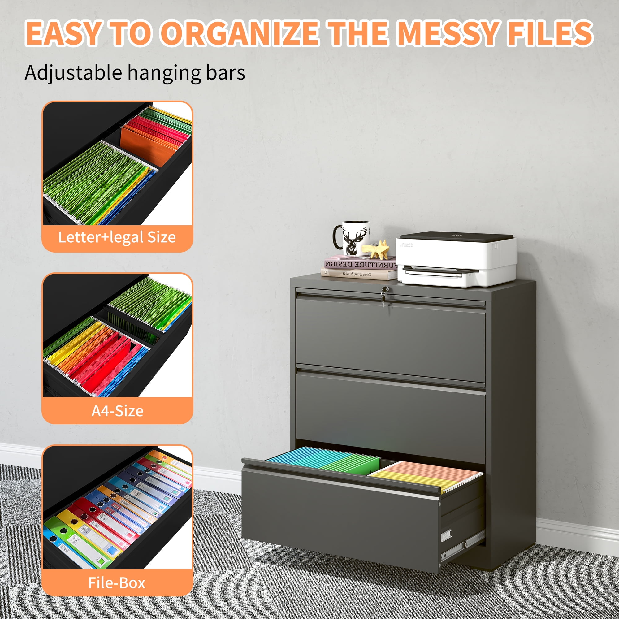 3 Drawer Lateral File Cabinet, 35.4 Inch Wide Metal Filing Cabinet, Locking Heavy Duty File Cabinet for Home Office, Anti-Tip Safety Interlock, Vertical Storage for Letter/Legal/A4 Files, Black