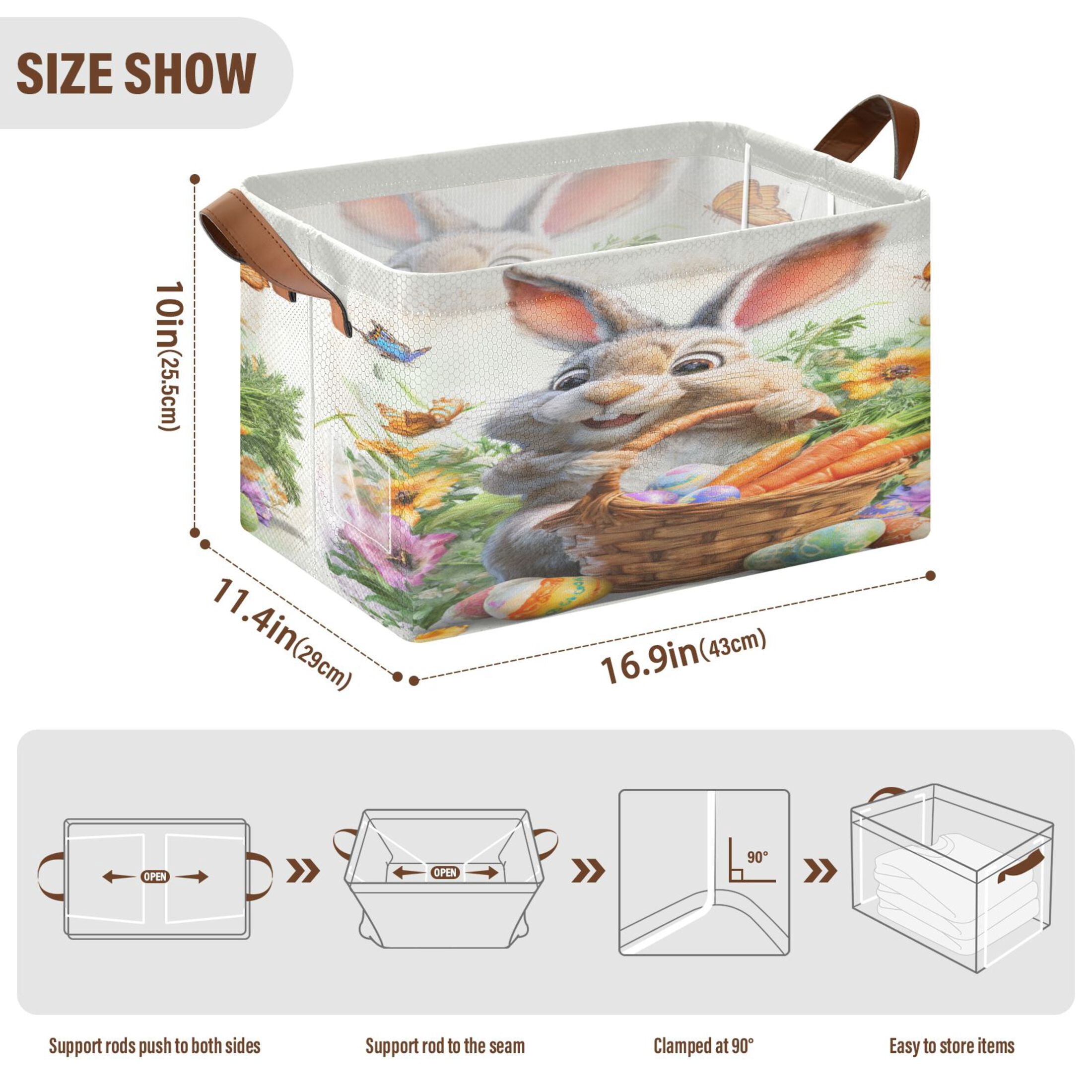 WobogoCartoon Easter Bunny Storage Basket 16.9×11.4×10in Collapsible Oversized with Metal Iron Frame