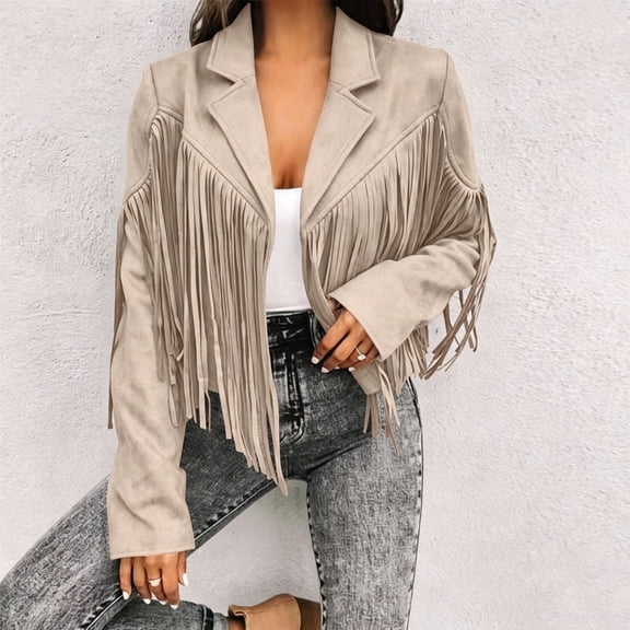 ClodeEU Women's Lapel Collar Fringe Tassel Cropped Suede Jacket,Long Sleeve Open Front Western Cowboy Style Outerwear Beige,Women's Plus L