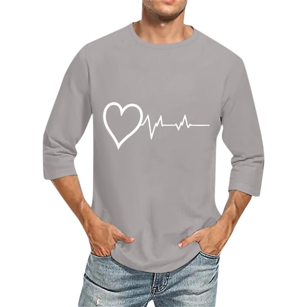 Camisas de Lino para Hombres Impresión Cuello Redondo Casual 3/4 Manga Blusa, Mezcla de Lino de Algodón para Primavera Verano Ocio Y Tops Diarios