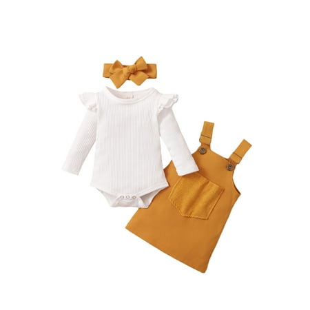 

Ehfomius Newborn Baby Girls Clothes Set Pitted/Solid Color Long Sleeve Ruffle Romper Tops+Pocket Suspender Skirt+Headband