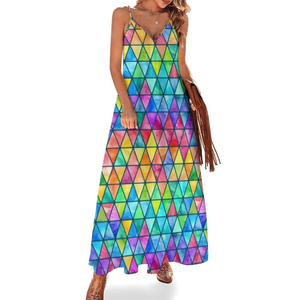 Vestido de noche sin mangas con triángulos de acuarela de arcoíris pequeños sobre verde azulado Vestido de noche para mujer Ropa de verano de moda para mujer