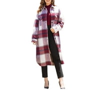 Angle View: Women Pladi Long Jacket Coat with Pockets Long Sleeve Button Down Oversize Shacket Outwear