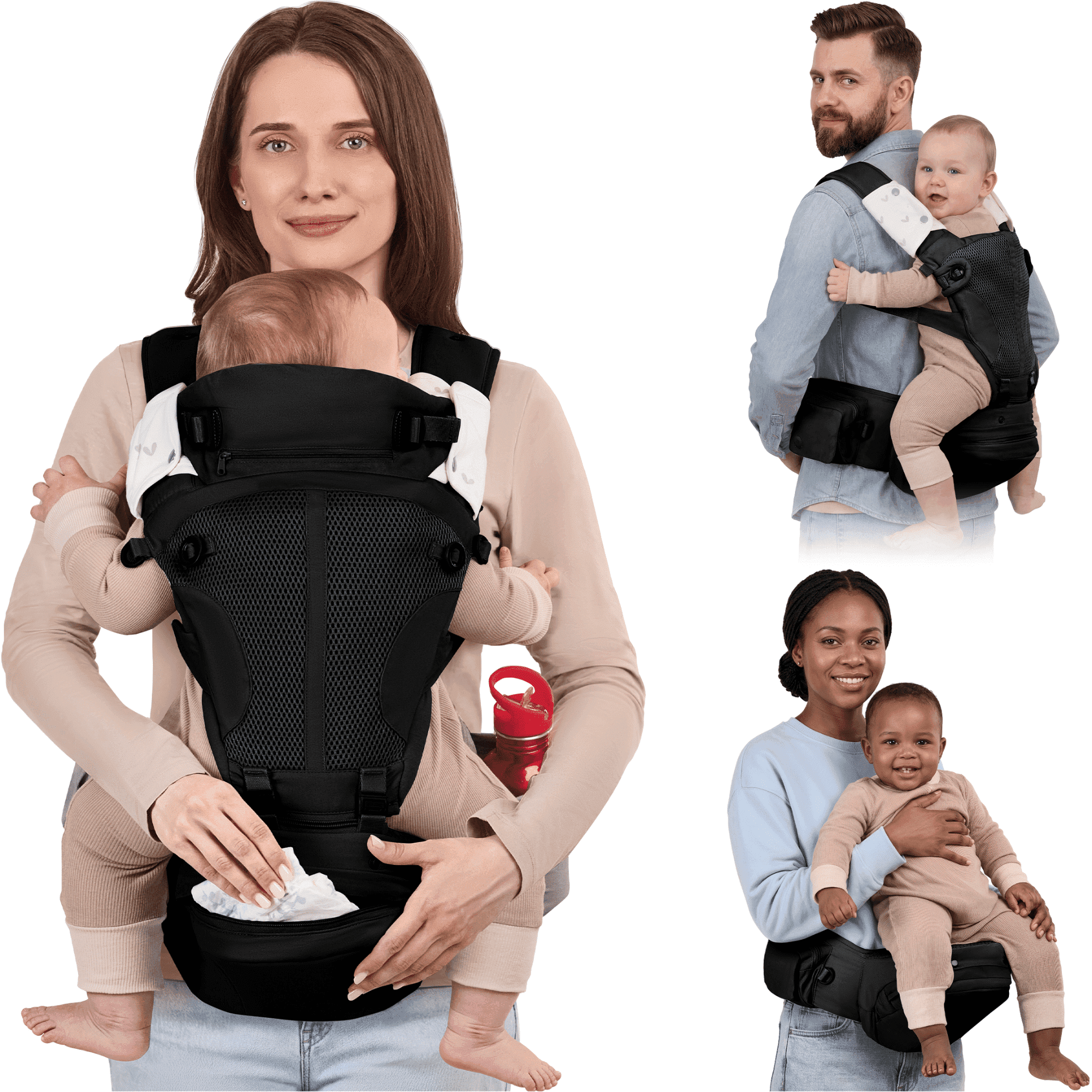BabbleRoo Grow Plus Carrier – Safety Certified Organic Cotton Baby Carrier with Detachable Hip Seat, Infant to Toddler (7–50 lbs)- Black