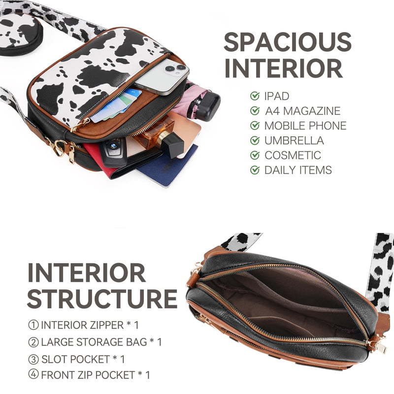 FALAN MULE Women's Leather Crossbody Bag, Cow Print Cell Phone Purse, Triple Zip Pocket, Adjustable Shoulder Strap
