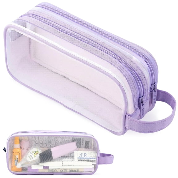 Rirool Mesh Pencil Case Large Capacity, Clear 2 Compartment Pencil Pouch with Zipper, Big Pen Organizer for School Supplies, Travel Makeup Bag for Girls Teens Adults Purple